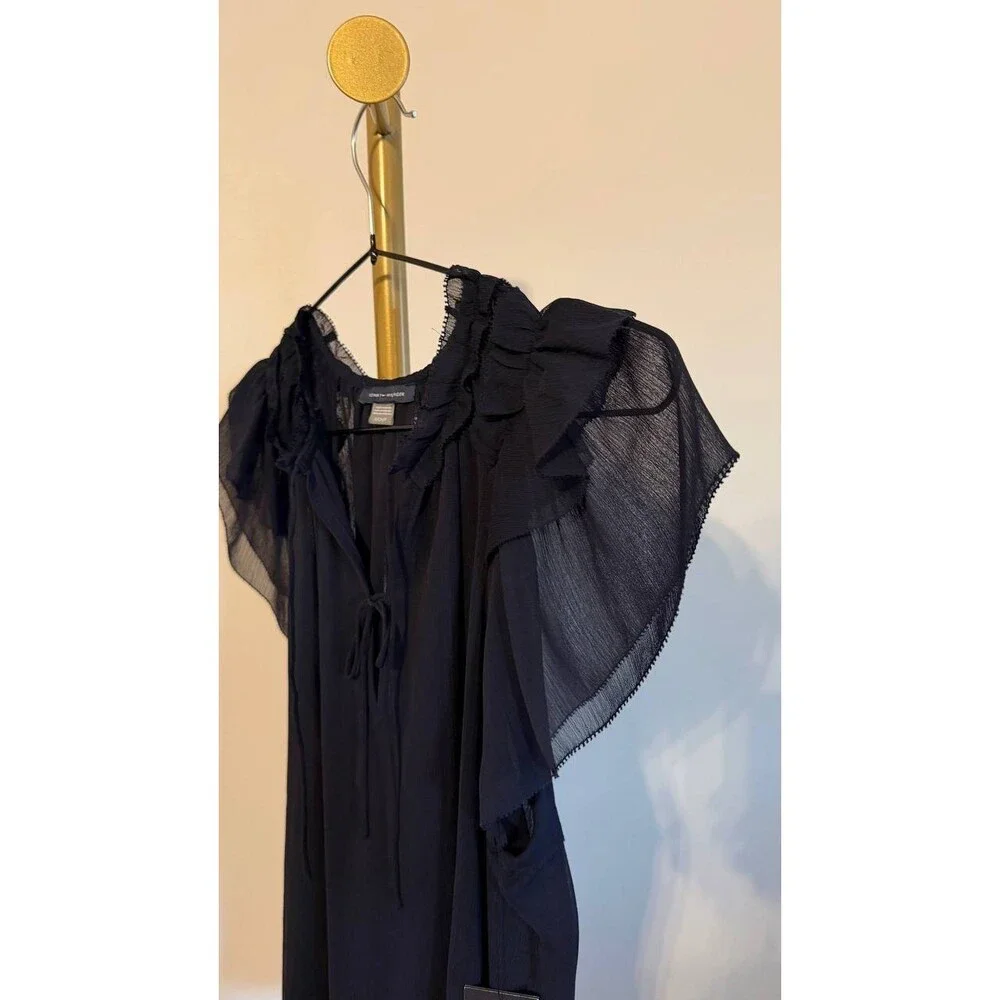 Tommy Hilfiger Split‑Neck Flutter‑Sleeve Chiffon Blouse Navy S $79 NWT - Picture 6 of 7